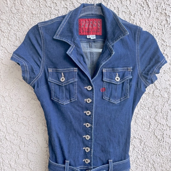 GUESS Vintage Y2K Stretch Denim Wide Leg Belted Button Up Jumpsuit JLO Medium - Picture 6 of 15